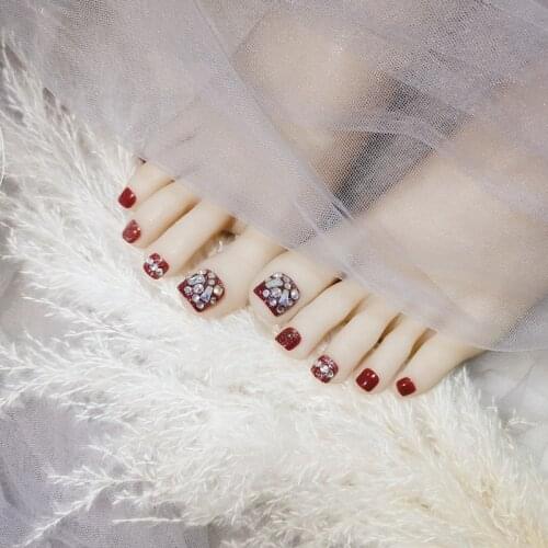 24pcs Toenails Red Flash Full Of Diamonds Fake Toenail ​Glue Type DIY Slider Fully Covered Nails Decoration Press On Toenails