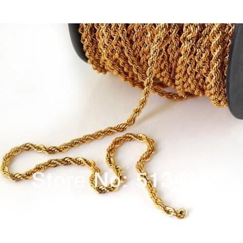 Free DHL 100 meters hot sale 18K Gold plated high-quality Stainless Steel 4mm rope chain.jewelry finding DIY necklace in Bulk