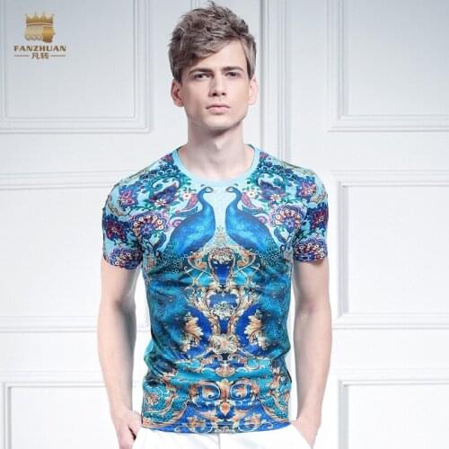 Free shipping casual New 2015 male fashion mens short sleeve Summer icy silk shirt symmetrical stamp t-shirt peacock 615071