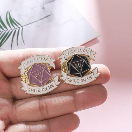 "Lady Luck Smile On Me" Black Purple D20 Polyhedron Fortune Badges Brooches For Women Clothes Cowboy Shirt Neutral Jewelry Pins