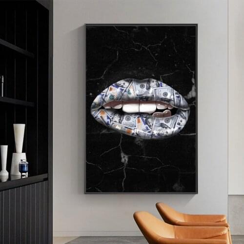 Dollor Lips Art Canvas Painting on The Wall Black Poster and Prints Wall Art Decorative Picture for Living Room Home Decoration