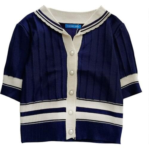 Pearl button girl retro color matching side turn-down collar buttoned slim short section t-shirt