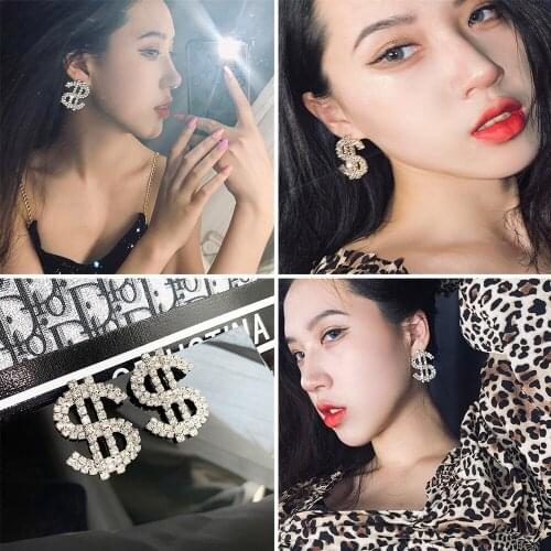 Personality Rhinestone Dollar Icon Shape Shiny Dangle Womens Earrings Prevent Allergy Quality Ear Nail 2021