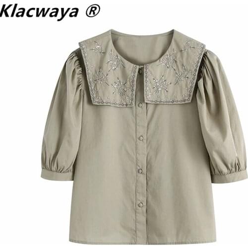 Klacwaya Women 2021 Vintage Turn Down Collar Floral Embroidery Smock Blouse Female Pleat Puff Sleeve Shirt Chic Blusas Tops
