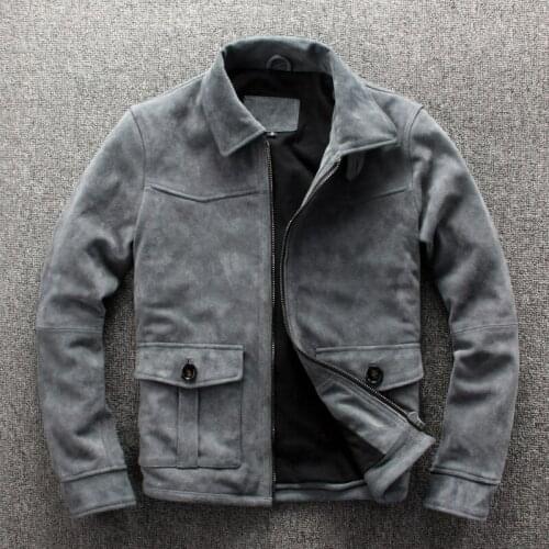 2019 mens gray cow suede jacket turn down collar casual genuine leather coat men autumn real leather clothing for male