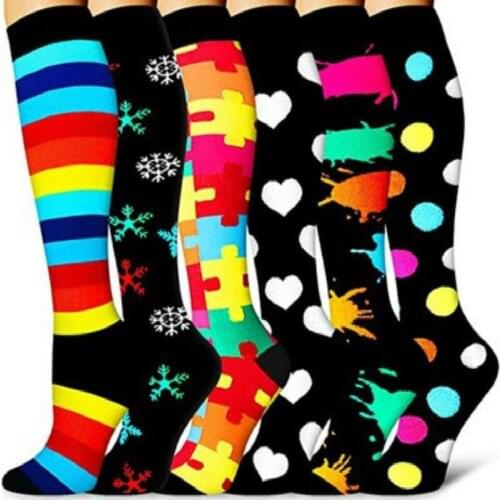 Men women Compression Stockings Cycling 6 Pairs For Running Sports 15-20Mmhg Prevent varicose veins Jigsaw heart snow stripe