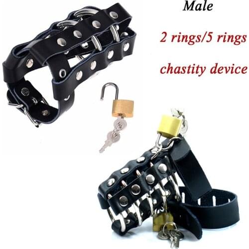 BDSM PU/Genuine Leather Male Chastity Device With Penis Ring Cock Cages Testis Lock Chastity Belt Cock Ring Adult Game Sex Toy