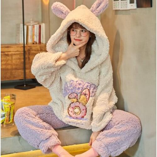 New Women Sleepwear Coral Fleece Winter Pajamas Packed Nightgown Plush Pajama Set Mink Wool Sherpa Loose Version Medium Style