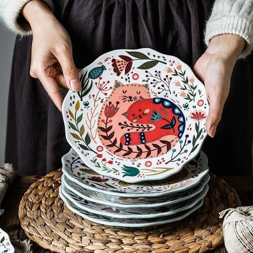8 inch Colorful Cat Dinner Plate Under-glazed Ceramic Dishes Dessert Tray Flower Kitten ware Microwave Safe