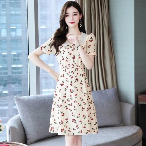 French cherry print chiffon dress women summer casual single breasted lapel short sleeve slim midi dress female fashion dress