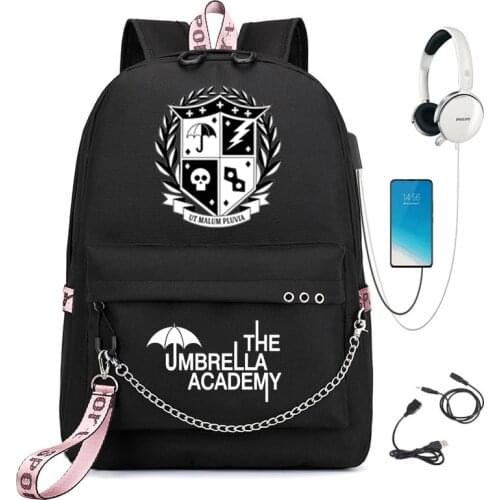 The Umbrella academy USB Backpack Women Men Teenager School Bag Women USB Travel Rucksack Large Mochila Escolar With Chain