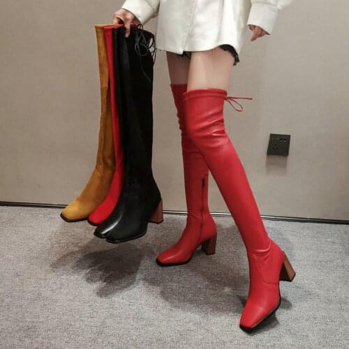 New Spring Autumn Women Thigh High Elastic Boots Fashion Slim 8CM Square High Heel Ladies Over the Knee Boots Black Red Boots
