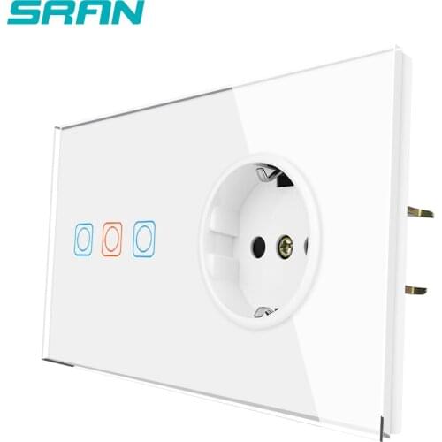 SRAN Touch Sensor Switch With Socket Full glass panel 153*82mm 220V 16A Wall Socket With Light Switch 3Gang 1Way F8C1D1003