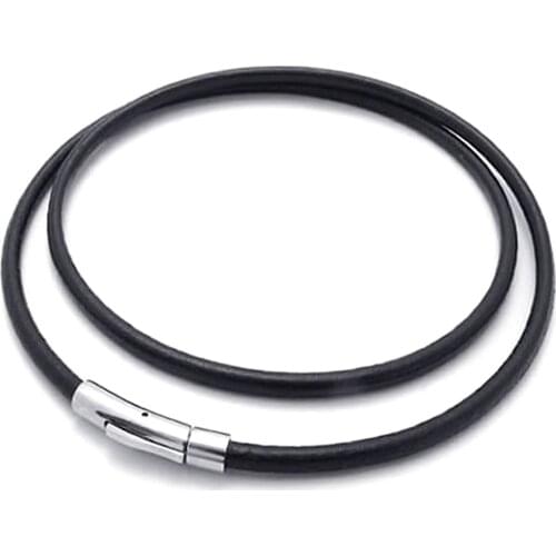 Kili Jewelry Mens Necklace - Chain - 3mm Cord - Leather - Stainless Steel - for Men - Color Black Silver - With Gift Bag - 55cm