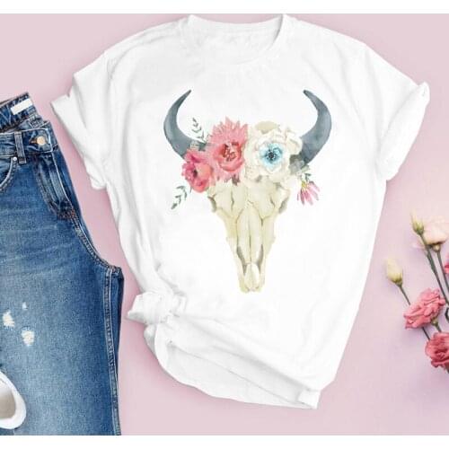 Women Graphic Heifer Skull 90s Short Sleeve Floral Flower Cute Printed Tops Lady Tees Clothing Female T Shirt Womens T-Shirt