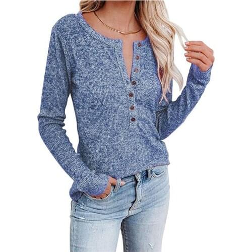 Women Autumn Knitted Tunic Tops Casual Long Sleeve Buttons V-neck Pullover Sweater Ladies Solid Color Elegant Henley Shirts