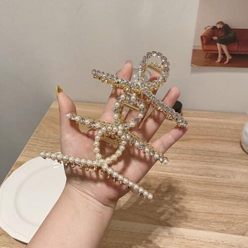 Women Back Head Hair Clip Lady Fashion Pearl Rhinestone Hair Claw Accessories