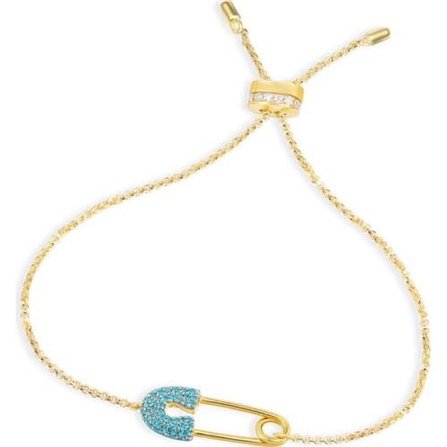 SLJELY Brand Design Gold Color 925 Sterling Silver Lagoon Blue Cubic Zirconia Safety Pin Bracelet Women Fashion Party Jewelry