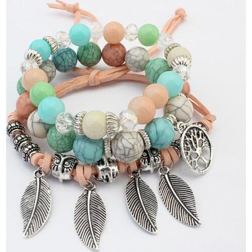 Clothing accessories tree of life leaf multi-layer womens bracelet female handmade glass beaded bracelet for women Cuff jewelry