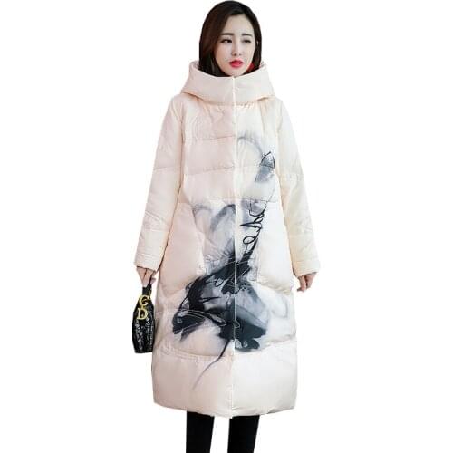 2019 Fashion women winter down jacket Chinese style Ink paint windproof hooded parka female Slim long white duck down coats 2960