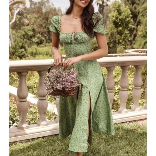 2021 Summer Puff Sleeve Dress For Women Floral Print High Split Drawstring Long Dress Sexy Fashion Vintage Vestidos Sundress