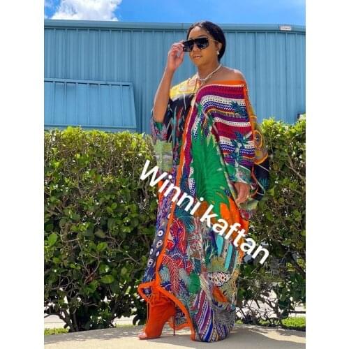 Newest Printed 2021 Winni Fashionable V-Neck Floral Silk Abaya Maxi Dresses Traditional Kuwait Summer Kaftan BouBou For Lady