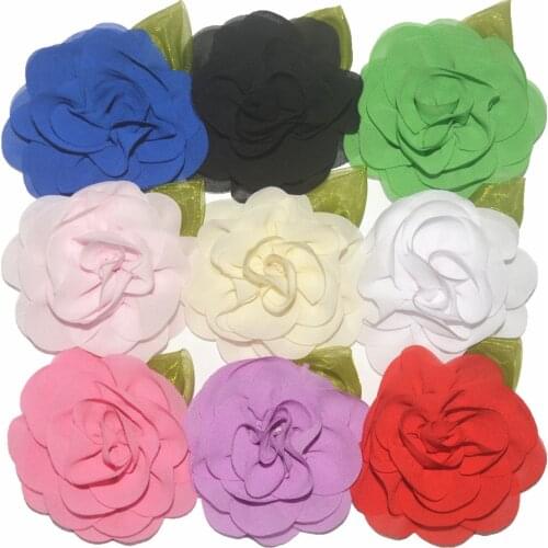 30pcs/lot 10cm Chiffon Flower with Green Leaf Girl Fashion Flower Chic Headwear Accessories