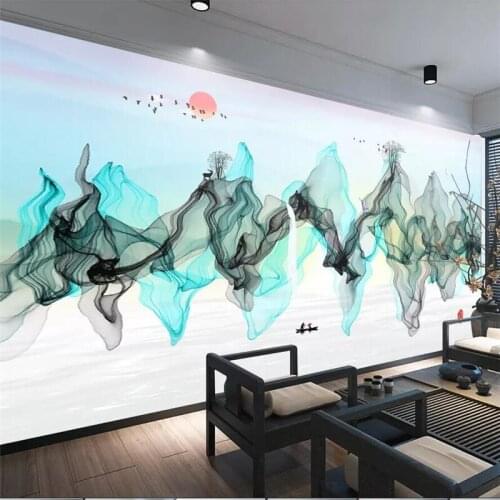 Beibehang New Chinese landscape painting peacock blue background wall blue ink painting custom large mural wallpaper mural