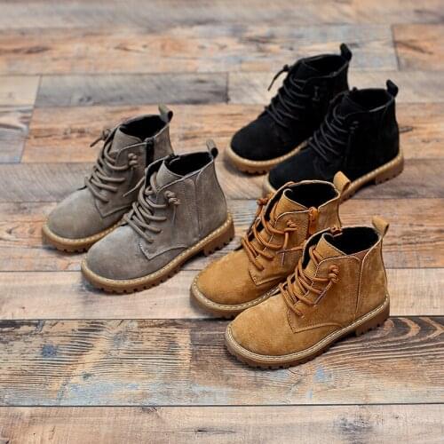 Children Leather Boots Boys Autumn Mid-top Martin Boots Girls Retro Side ZIper Winter Plus Velvet Warm Padded Snow Kids Boots