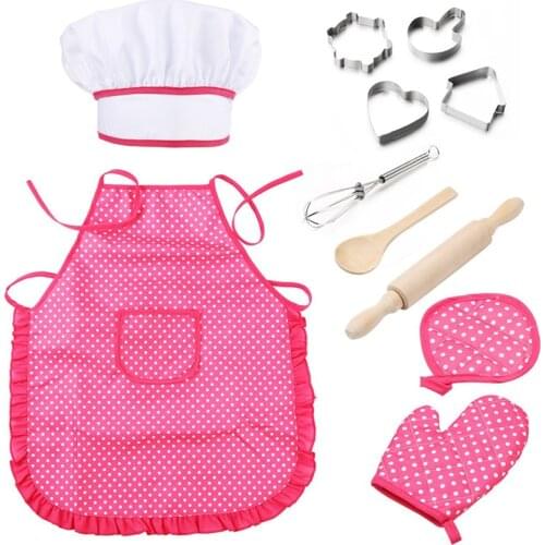 11 Pcs Kids Cooking Baking Set Apron for Little Girls Chef Hat Mitt & Utensil for Toddler Dress Up Chef Costume Role Play