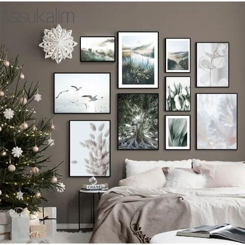 Seagull Print Tulip Reed Canvas Poster Mountain Landscape Wall Art Painting Natural Nordic Wall Pictures For Living Room Decor