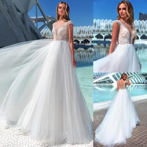Graceful Tulle Sheer Deep V-Neckline A-line Wedding Dresses Champagne Top Illusion Back Bridal Dresses