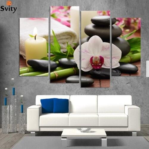 4 panel SPA wall painting HD candels hot spring stone bamboo image, home decorative canvas prints for the sitting room H076