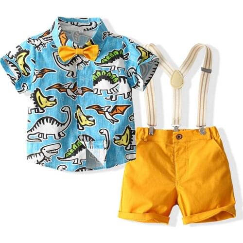 Baby Boys Clothes Set, Dinosaur Print Short Sleeve Lapel Neck Shirt + Solid Color Suspender Shorts