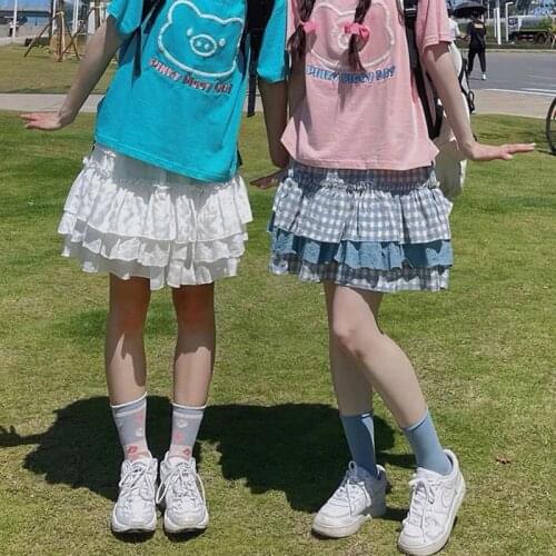 Japanese sweet preppy style lace tutu skirt female Harajuku casual kawaii mini skirt summer high waist sexy plaid A-line skirt