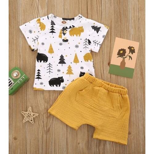 2020 Baby Summer Clothing Baby Outfits 2Pcs Set Fashion Forest Animal Print Short Sleeve T-shirt + Pocket Shorts Set