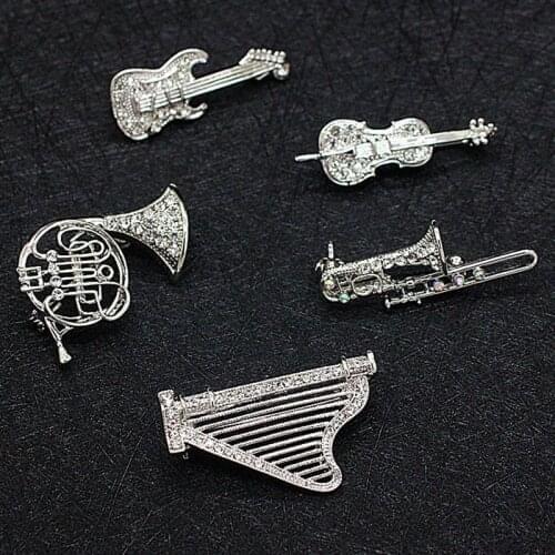 Trendy Musical Instruments Brooch Classic Shiny Rhinestone Women Men Collar Pin Decoration Performance Clothing Accessories