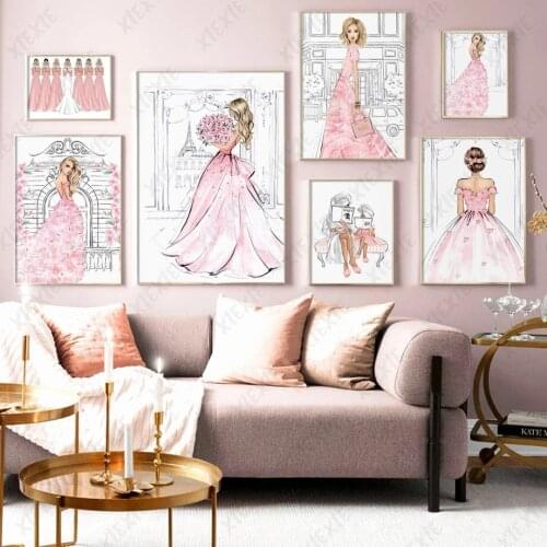 Fashion Portrait Bride Canvas Painting Pink Wedding Poster Art Wallpaper Craft Print Picture for Home Bedroom Decoration