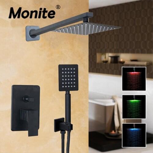 Monite Matte Black Bathroom Shower Set 8~16 Inch Led Shower Head Rainfall & Hand Shower Spray Black Wall Mounted Shower Faucet