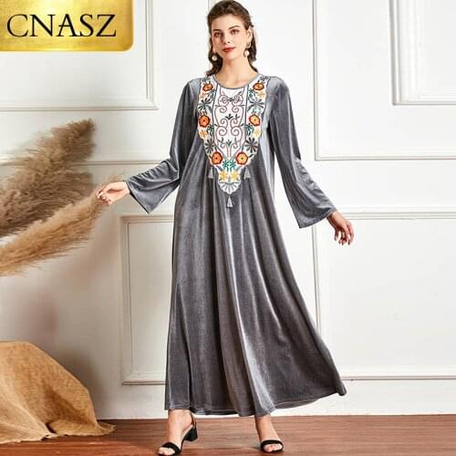 2021 New Fashion Womens Grey Velvet Embroidered Long Sleeve Fashion Big Swing Dress For Women Robe Dresses