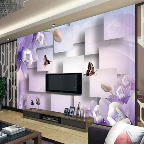 Beibehang Wallpaper Mural Wall Sticker 3D Cubic Box Purple Dream Flower Flying Butterfly Backdrop Wall papel de parede