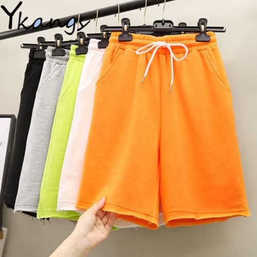 Solid High Waist Harajuku Simple Streetwear Drawstring Summer Shorts Straight Loose Sweatpants Casual Knee Length Midi Shorts