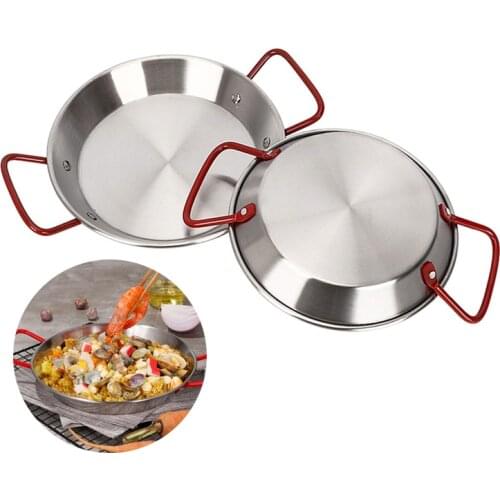 Paella Pan Non Magnetic Binaural Pan Shabu-Shabu Pan Uncoated Stainless Steel Thick Red Handle Paella Pan 20CM