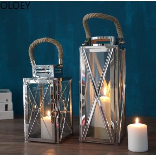 Stainless Steel Wind Lamp Candlestick Metal Glass Candle Holder Outdoor Wedding Centerpieces Candle Lantern Crystal Candelabra