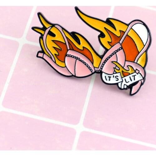 Pink Bra Enamel Brooch Fire ITS LIT Enamel Lapel Pin Female Underwear Badge Jewelry Denim Clothes Bags Jeans Gift for Girl