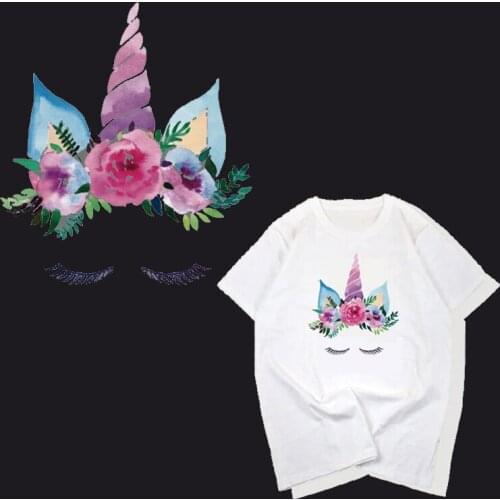 New Kawaii Flower Unicorn Iron On Transfers For Clothes Rianbow Unicorn Patch Thermal Heat Transfer Vinyl Sticker DIY Applique