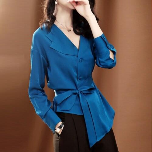 Bella philosophy Long-sleeved Tunic Waist Satin Blouse Solid Color Irregular Bow Tie Tops Elegant OL Ladies Tops