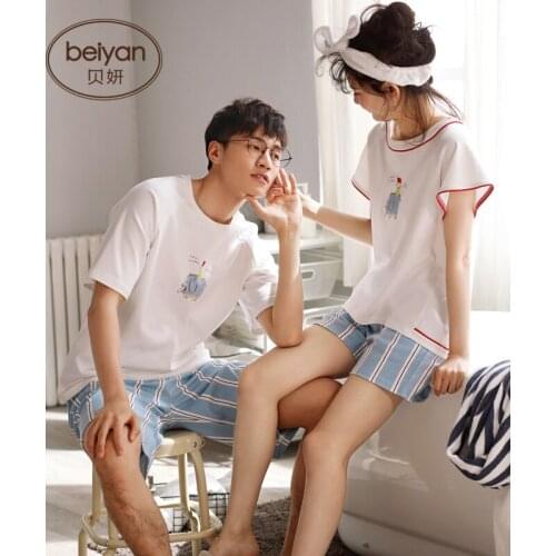 Womens Summer Cotton Household Sleepwear Thin Mens Short-sleeved Pajamas Sets