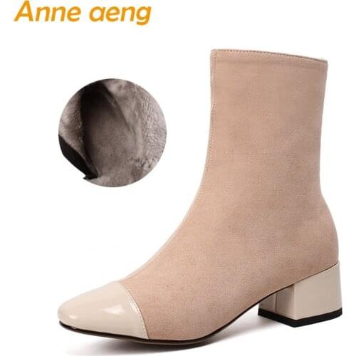 2018 New Kid Suede Winter Women Ankle Boots 5CM Middle Square Heel Zipper Pointed Toe Sexy Ladies Women Shoes Beige Snow Boots