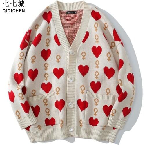 Womens Heart-shaped Cardigan Sweater Street Oversized Knitted Pullover Casual Hip Hop Couple Jumper Harajuku V-neck Cardigan